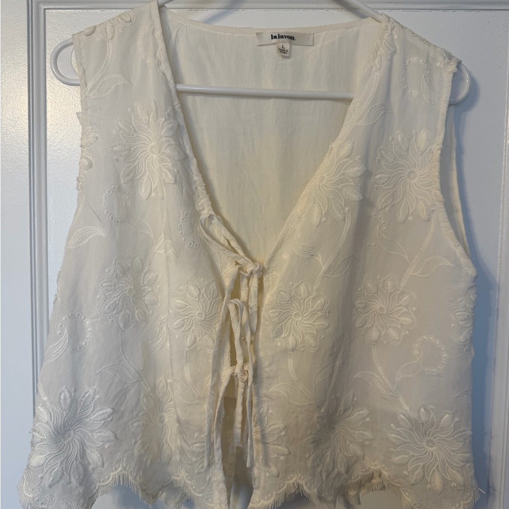 Lalavon White Embroidered Front Tie Top